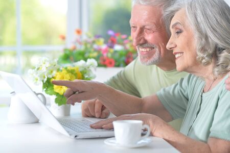 Beautiful old couple with laptopの写真素材