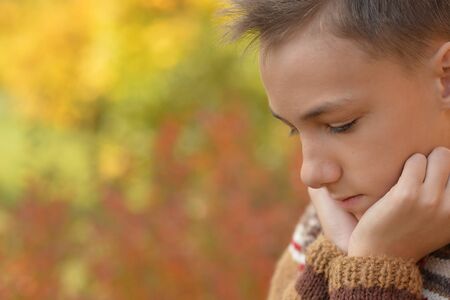 boy thinking  in autumnal parkの写真素材