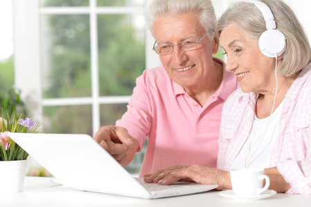 happy beautiful senior couple using laptopの写真素材