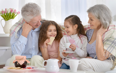 Portrait of a happy senior couple with grandchildren drinking teの写真素材