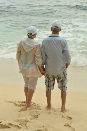 Portrait of elderly couple on beach back viewの写真素材