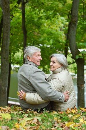 Portrait of happy senior couple hugging in parkの写真素材