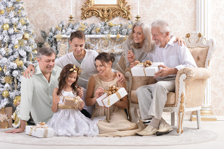 Big happy family celebrating New Year at homeの写真素材