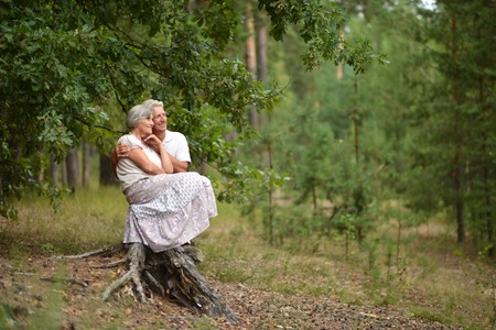 Portrait of nice mature couple sitting in summer parkの写真素材