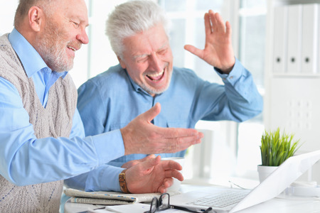 Portrait of two confident senior businessmen workingの写真素材
