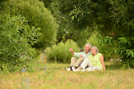 Happy senior couple in park  outdoorsの写真素材