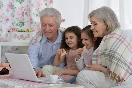 Portrait of happy senior couple with grandchildren and laptopの写真素材