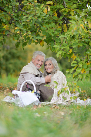 Portrait of elderly couple having a picnic in parkの写真素材