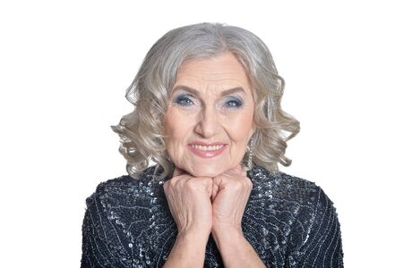 Emotional senior beautiful woman posing on white background