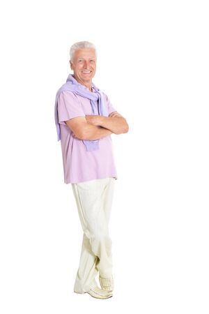 portrait of happy senior man posing on white backgroundの写真素材