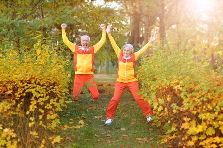 Happy senior woman and man in parkの写真素材
