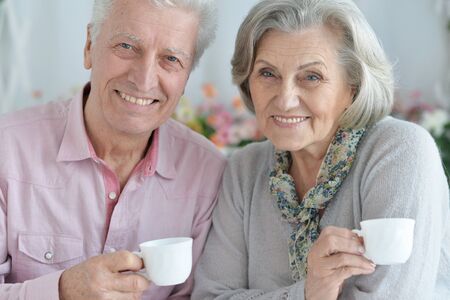 Portrait of happy beautiful senior couple posing at homeの写真素材