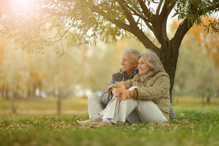 Happy senior woman and man in park sittingの写真素材