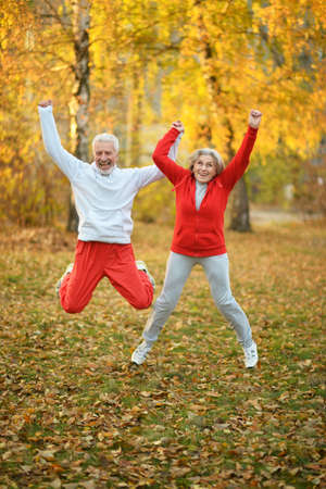 Fit senior couple exercising in autumn parkの写真素材