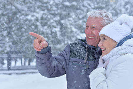 Happy senior couple at winter outdoorsの写真素材