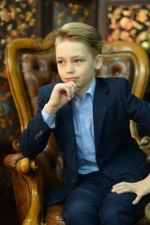 Portrait of little boy posing on Christmasの写真素材