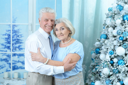 Portrait of happy senior couple on Christmas at homeの写真素材