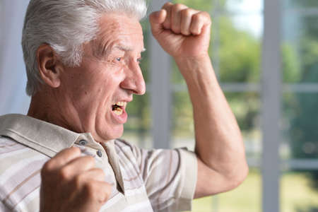 Portrait of happy senior man at homeの写真素材