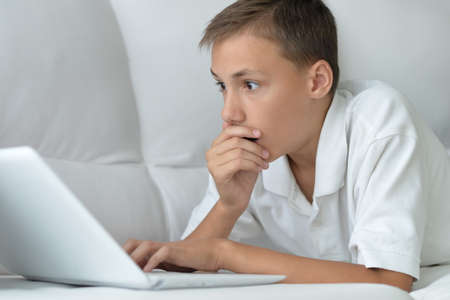 Portrait of boy using modern laptop at home