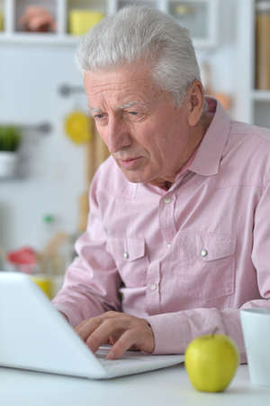 Portrait of senior businessman in kitchen with laptop