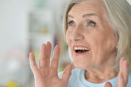 Portrait of beautiful senior woman posing at homeの写真素材