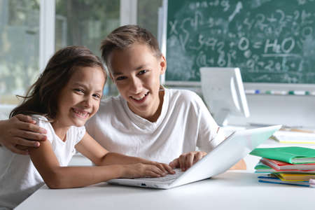 Cute little girl and her brother with laptopの写真素材
