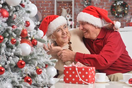 Elderly couple in a room with New Years decorの写真素材