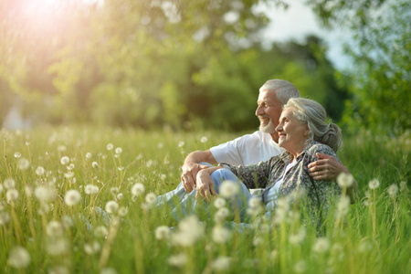 Elderly couple sits on the grass in summerの写真素材