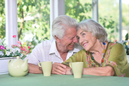 Beautiful elderly couple sitting at the table at the country houseの写真素材