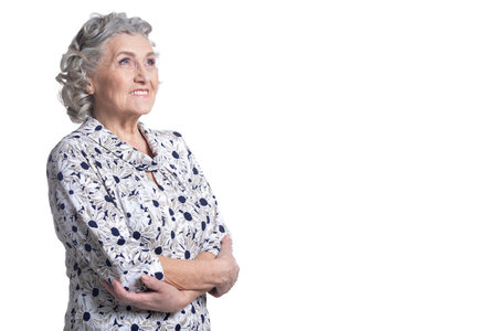 happy senior woman posing isolated on white backgroundの写真素材