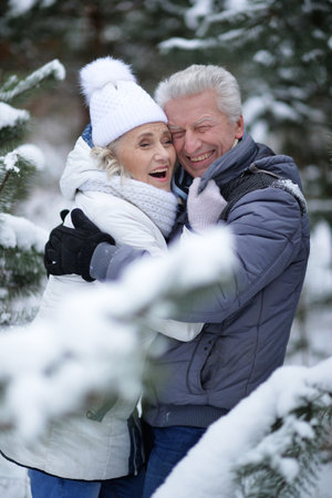 Happy senior couple walking in winter outdoorsの写真素材