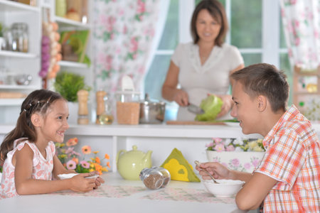 Portrait of a cute happy family eating breakfastの写真素材