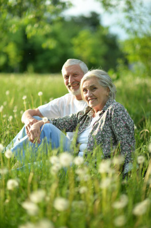 Portrait of senior couple sitting on the grass in the parkの写真素材