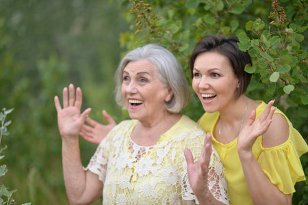 Portrait of an elderly woman with her daughter in the parkの写真素材