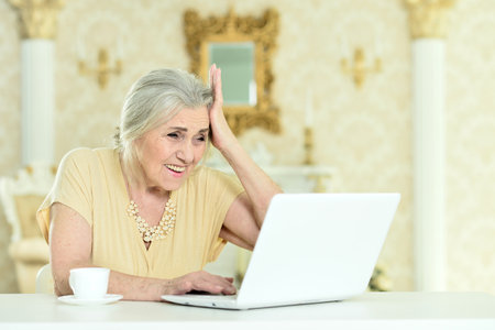 Beautiful elderly woman using a laptop at homeの写真素材