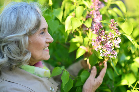 Portrait of a beautiful elderly woman in the parkの写真素材