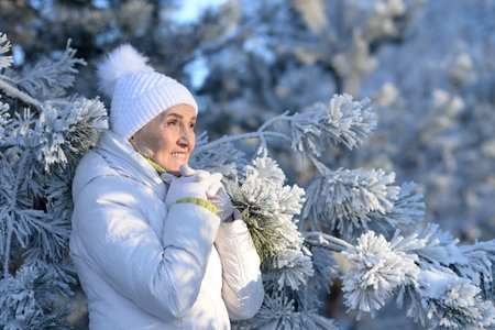 Beautiful elderly woman posing in a snowy winter parkの写真素材