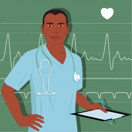 African-American healthcare professional in hospital scrubs, with stethoscope, holding a clipboard, heart monitor backgroundのイラスト素材