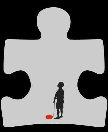 Sihluette of a boy with a deflated balloon inside the autism symbolのイラスト素材