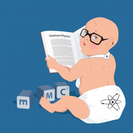 Cute baby in glasses and diaper reading a book on quantum mechanicsのイラスト素材