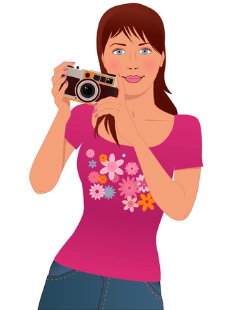 Cute young woman taking pictures with a vintage cameraのイラスト素材
