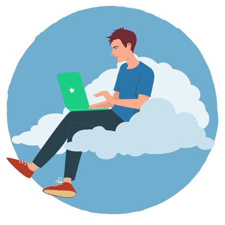 Young man working on a computer sitting on a cloudのイラスト素材