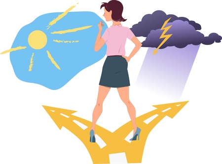 Young woman standing at the fork in the road, choosing between happiness and depressionのイラスト素材