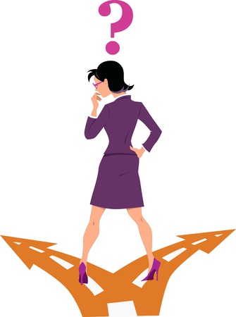Businesswoman standing at the fork in the road, choosing between two options, question mark over her headのイラスト素材