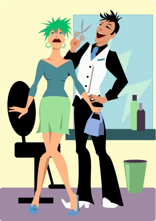 Vector Cartoon Of A Happy Hair Stylist And A Shocked Client With A