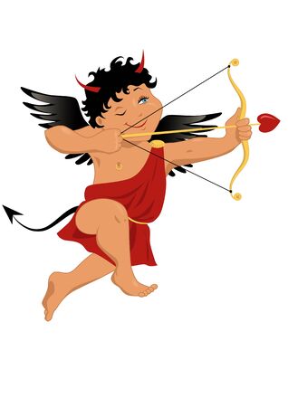 Devilish looking bad Cupid with horns and a tail, smiling and aimingのイラスト素材