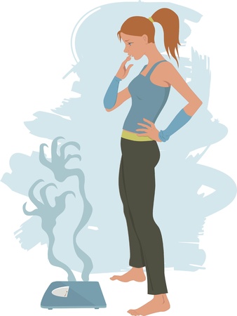 Young woman standing over a bathroom scale, scared to weight herselfのイラスト素材