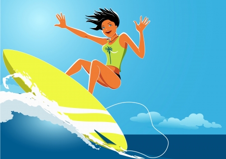 Young woman surfing an ocean waveのイラスト素材