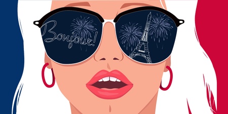 Bonjour, Paris  Portrait of a beautiful blond girl in sunglasses with Eiffel tower reflection in it のイラスト素材