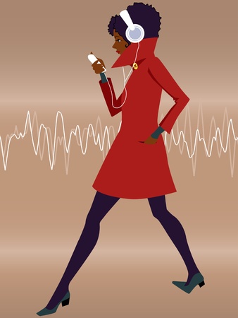 Listener  Young black woman in a red coat wearing headphones and walking, listening to music from a mp3 player のイラスト素材